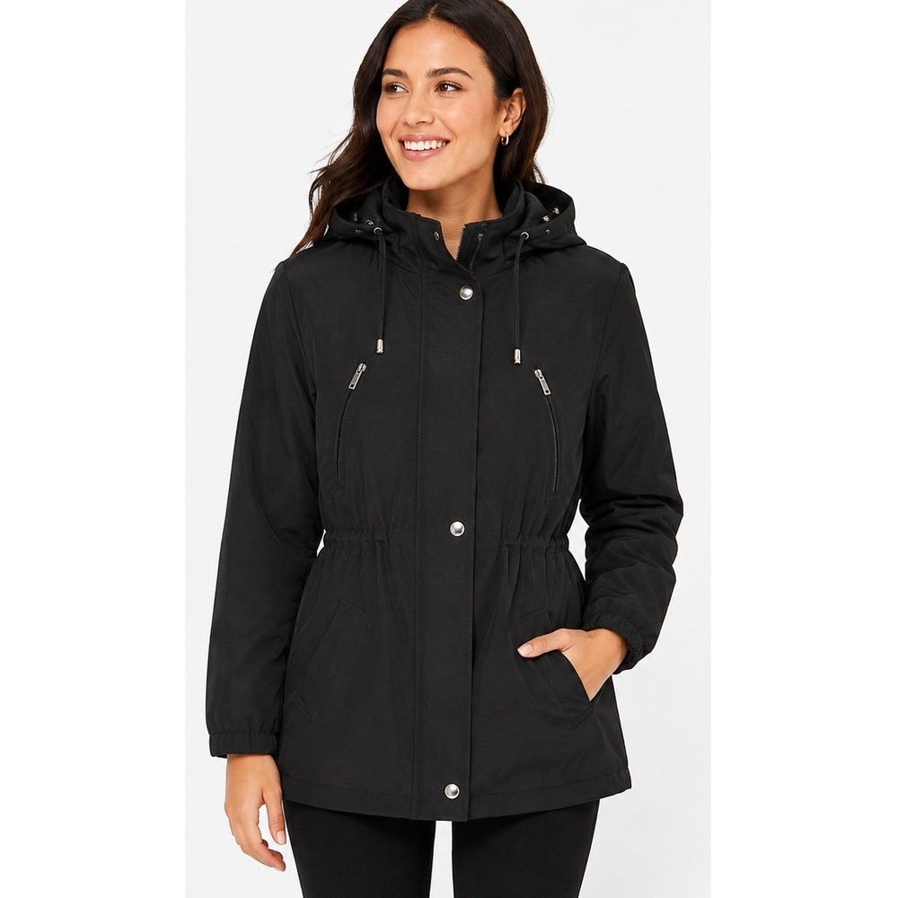 Liz Claiborne Women's Black Hooded Anorak Jacket Cinch Waist Fleece Lined Large